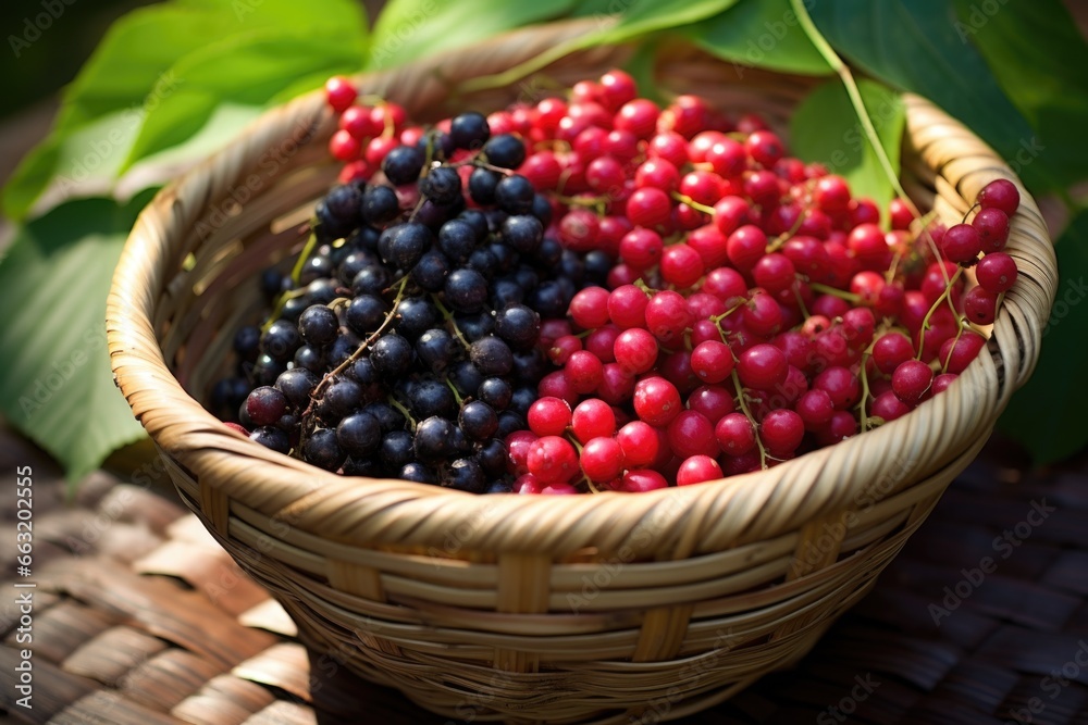 berries freshly picked in a bamboo basket berries freshly picked in a bamboo basket