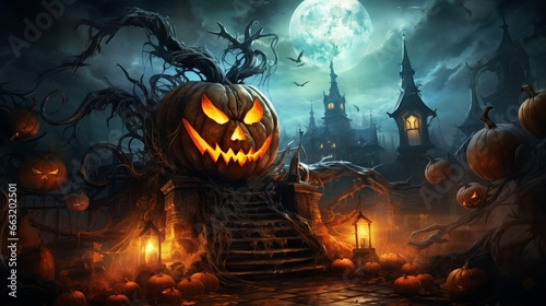 Halloween background with pumpkins, spooky castle and full moon