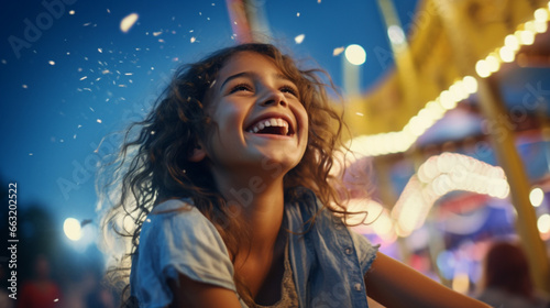 Young girl experiencing wonder and joy at a summer amusement park, captivated by the bright lights and thrilling rides during her fun-filled vacation