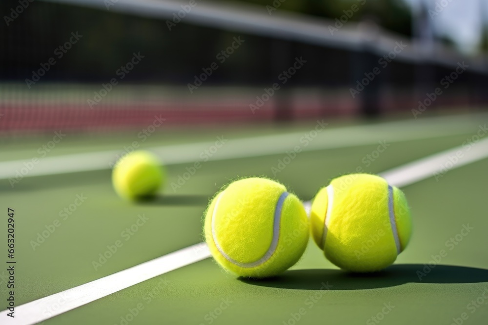 closeup of tennis balls and racquet on a tennis court
