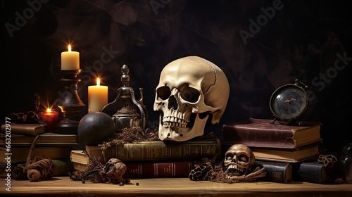 Still life with human skull, books and candlestick on dark background