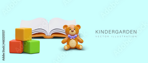 Colorful poster with different realistic 3d items for children. Educational game with cubes  teddy bear and open book. Kindergarten concept. Vector illustration with place for text and blue background