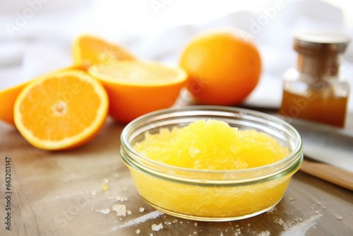 citrus body scrub mixture in a glass dish