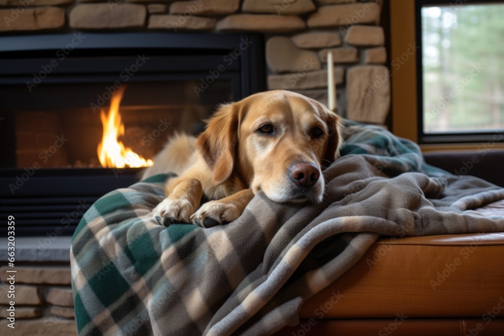 folded dog blanket next to a cozy fireplace