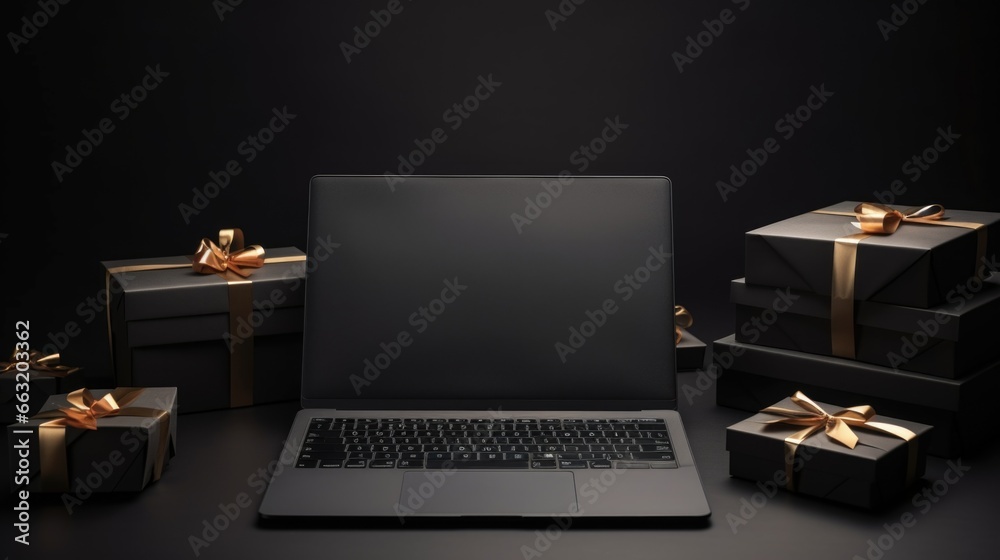 Laptop with gift box on a black background, christmas concept. sale. - obrazy, fototapety, plakaty 