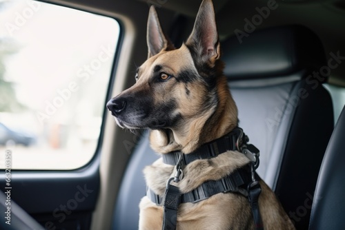 dog sitting strapped in a motorhome © altitudevisual