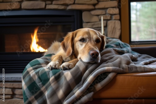 folded dog blanket next to a cozy fireplace