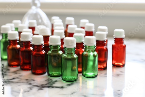 array of green and red eye drop bottles on a marble countertop