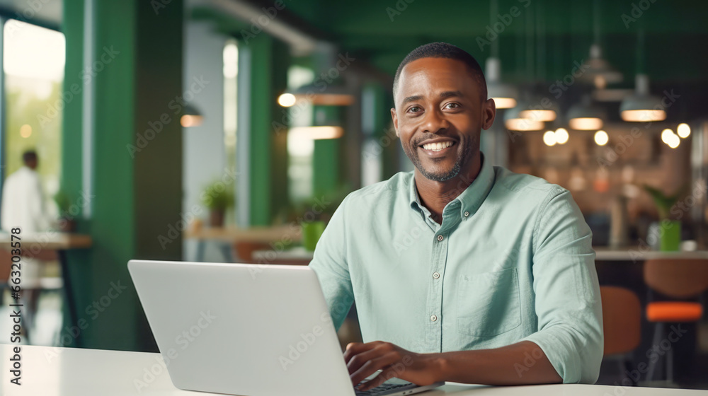 Smiling black business man in office with laptop Smiling black business man in office with laptop