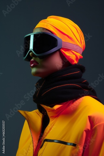 A stunning winter portrait of a woman with fiery orange sunglasses and a bold yellow jacket, donning black goggles and a ski mask, exuding both beauty and adventure in her stylish eyewear © Glittering Humanity