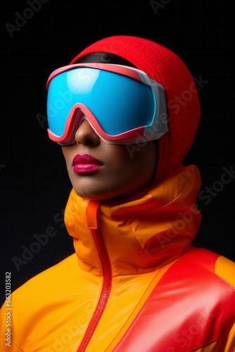 A stunning winter portrait of a fashion-forward woman, clad in vibrant red and yellow ski clothing and donning sleek ski goggles, exuding a sense of adventure and style © Glittering Humanity