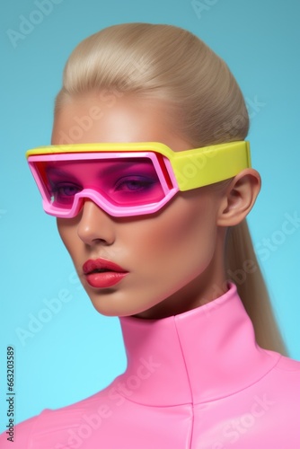 A vibrant beauty braves the snowy slopes, adorned with pink and yellow sunglasses, a fashionable ski mask, and bold goggles, her eyewear as unique as her personality