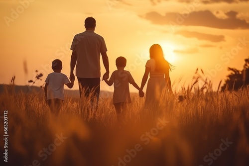Back view of family walking holding hand outdoor 