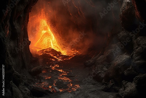 A volcanic eruption creates an apocalyptic wasteland with fiery lava flowing through a network of hardened tunnels. Generative AI