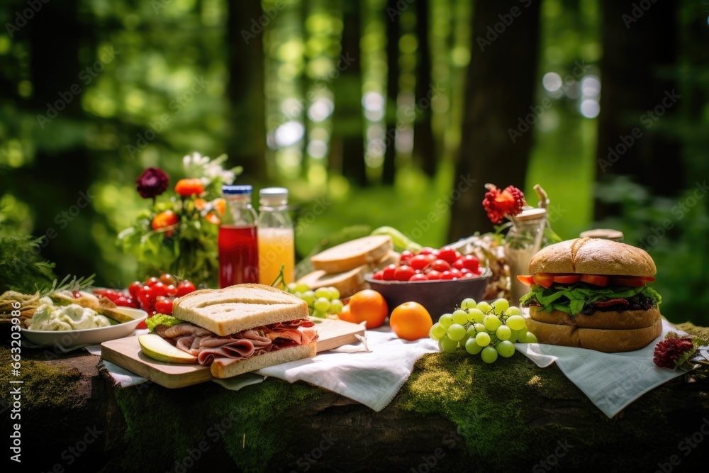 picnic setup with sandwiches, fruits, and drinks in forest