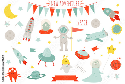 Vector cute design set with space rocket, stars and planets for babies