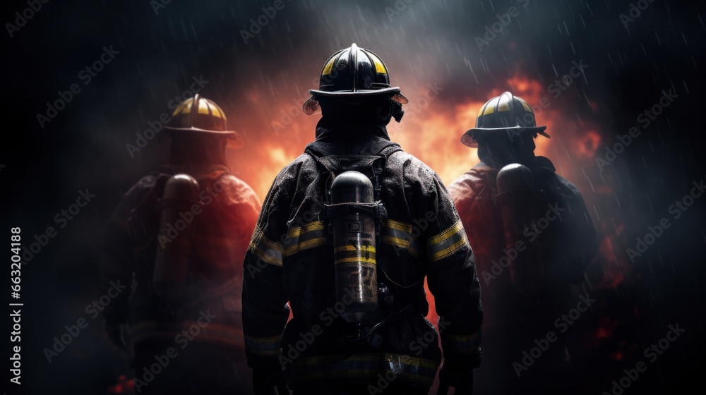 Firemans wearing firefighter turnouts and helmet. Dark background with smoke and blue light.