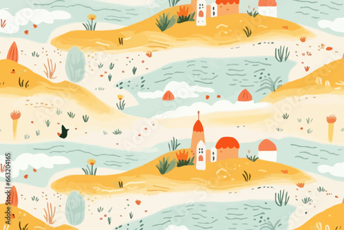 Beach landscapes quirky doodle pattern, wallpaper, background, cartoon, vector, whimsical Illustration