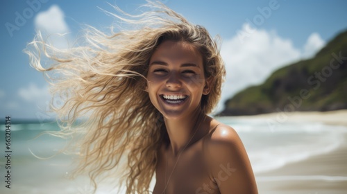 Portrait of one young woman at the beach with opened arms enjoying free time and freedom outdoors. Having fun relaxing and living happy moments..