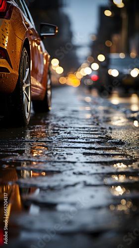 close up photo
tires from a yellow car on a wet bumpy road photo