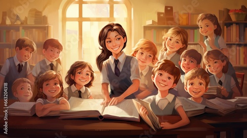 Happy kids and female teacher at school