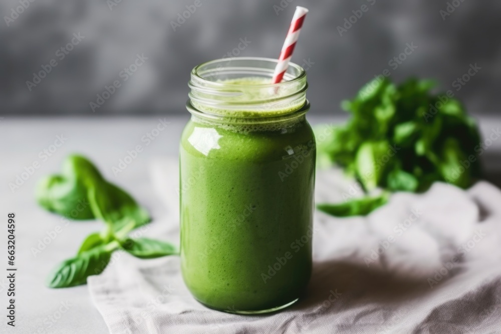 glass bottle of green detox smoothie with straw