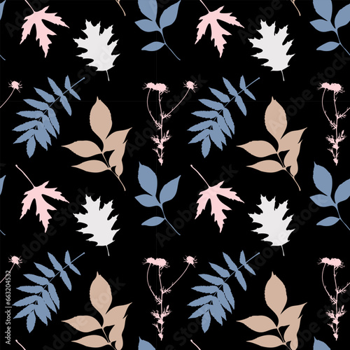 Dark glamorous and elegant pattern of pink and blue leaves, fashion, beauty, cosmetics, luxury and chic.