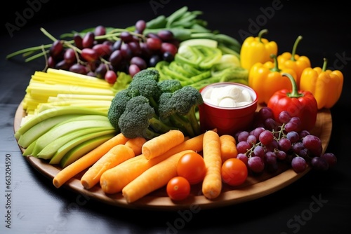 an untouched plate of fruits and vegetables