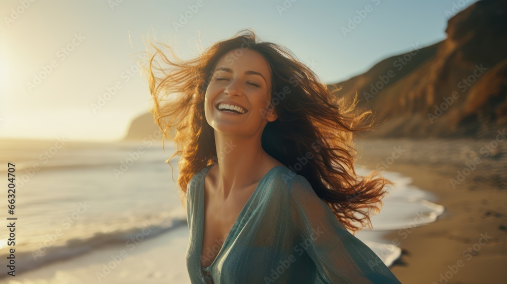 Portrait of one young woman at the beach with opened arms enjoying free time and freedom outdoors. Having fun relaxing and living happy moments.. - obrazy, fototapety, plakaty 