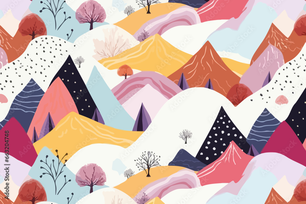 Mountains and hills quirky doodle pattern, wallpaper, background, cartoon, vector, whimsical Illustration
