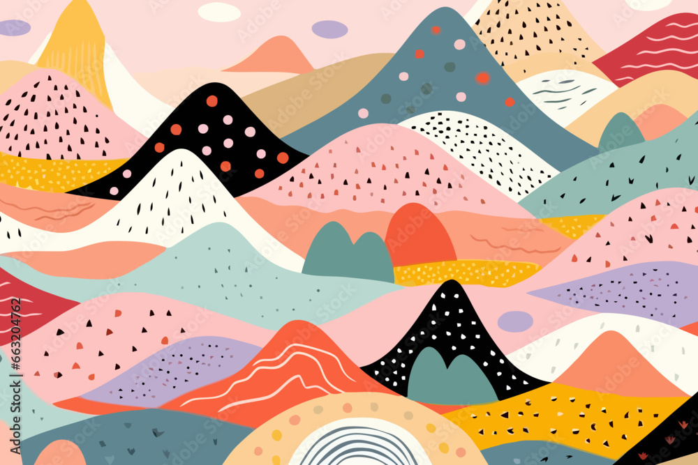 Mountains and hills quirky doodle pattern, wallpaper, background, cartoon, vector, whimsical Illustration