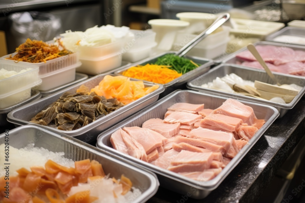 Obraz premium trays of raw fish and sushi accouterments