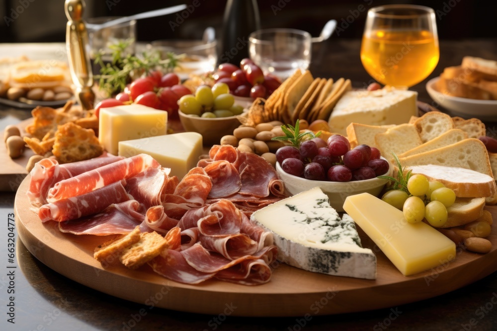 platter of assorted cheeses and charcuterie items