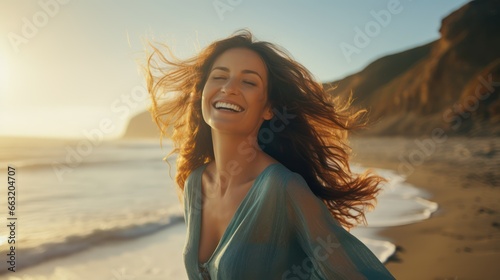 Portrait of one young woman at the beach with opened arms enjoying free time and freedom outdoors. Having fun relaxing and living happy moments.. photo