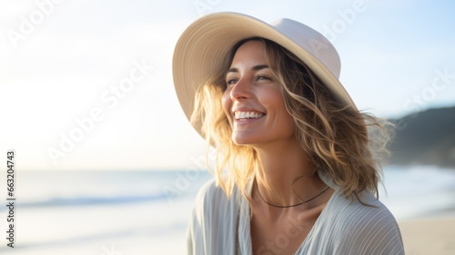 Portrait of one young woman at the beach with opened arms enjoying free time and freedom outdoors. Having fun relaxing and living happy moments..