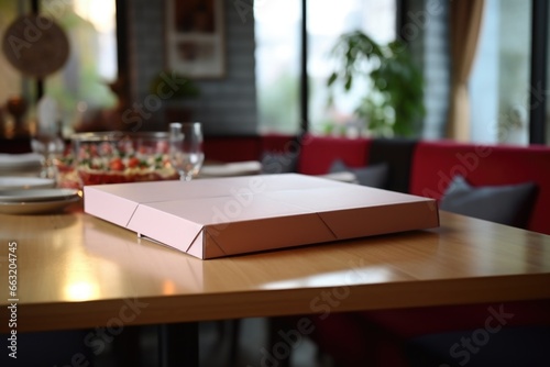 a closed pizza box on a dining table