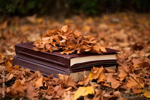 backdrop of a kjv bible on a pile of dry leaves photo