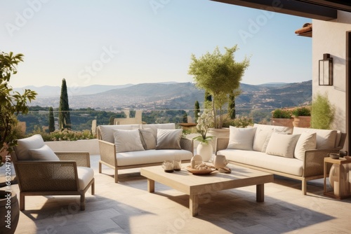 luxury mediterranean terrace with a view, generative ai © MaxWo