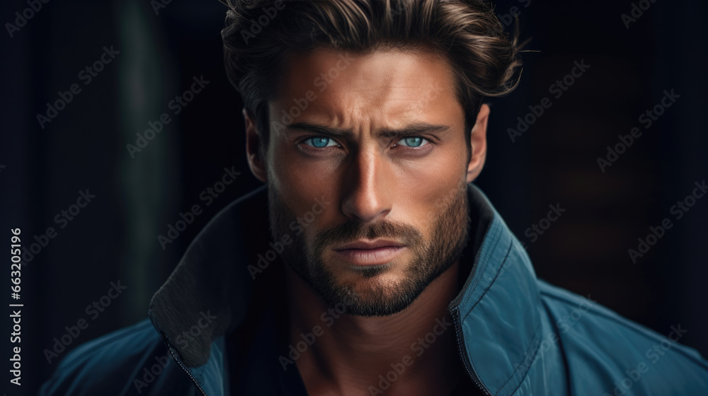 Striking headshot of a male model with rugged features, exuding masculinity and charm Striking headshot of a male model with rugged features, exuding masculinity and charm