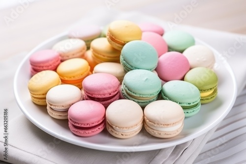 colorful macarons arranged carefully on a white dish