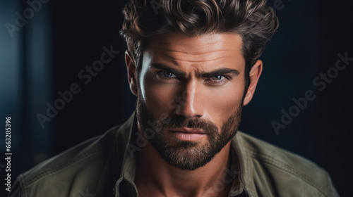 Striking headshot of a male model with rugged features,  exuding masculinity and charm