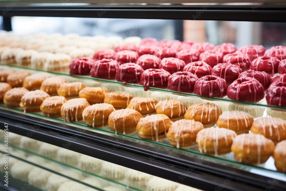 an array of glazed donuts on a glass bakery shelf