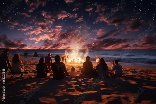 man and his friends organized a New Year s bonfire on the beach  watching the fireworks for celebrate new year.