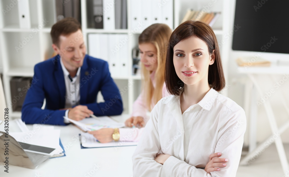 Portrait of businesswoman take part in corporation meeting, prepare annual financial report. Success, human resources, data analysis, development concept Portrait of businesswoman take part in corporation meeting, prepare annual financial report. Success, human resources, data analysis, development concept
