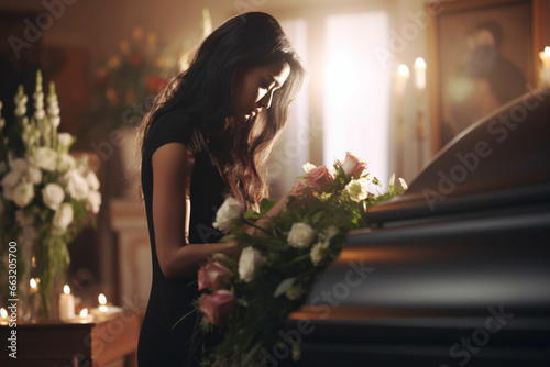 Funeral, sad and woman with flower on coffin after loss of a loved one, family or friend, Grief, death and young female putting a rose on casket in church with sadness, depression and mourning