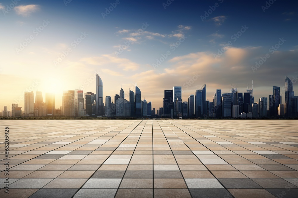 View of empty square floor and city skyline with building background. Generative AI View of empty square floor and city skyline with building background. Generative AI