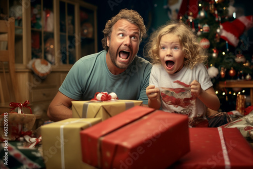 Christmas morning unwrapping gift box presents the joy and excitement on children's faces.