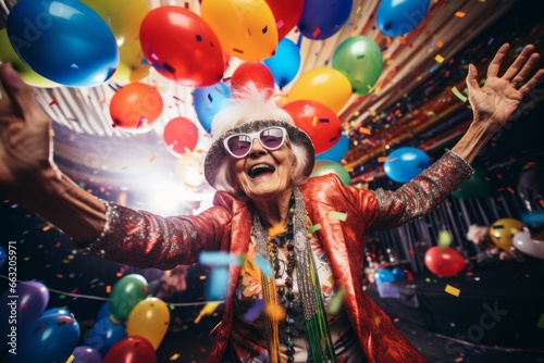 old woman female enjoy celebrate new year festive party exited fun cheerful with balloon and confetti paprtshoot decoration background