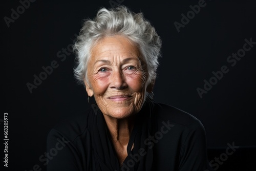 portrait of old senior happiness female woman shot grey hair calm and peaceful emotion on dark background © VERTEX SPACE