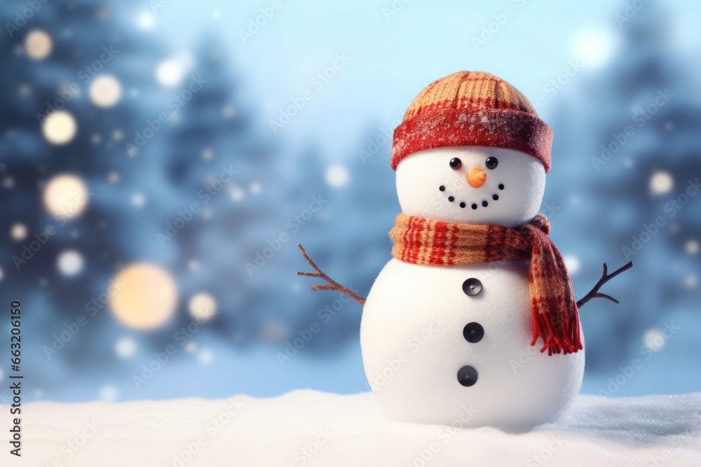 Fototapeta premium Happy snowman standing in winter christmas landscape. Snowy blurred background. Generative AI